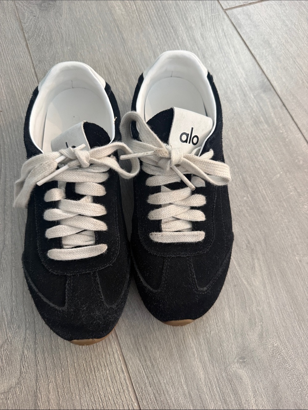 ALO Yoga Men’s Black Suede Sneakers with Cream Laces